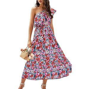 BTFBM Dress L Women's Multicolor Floral One Shoulder Ruffle Midi Comfortable